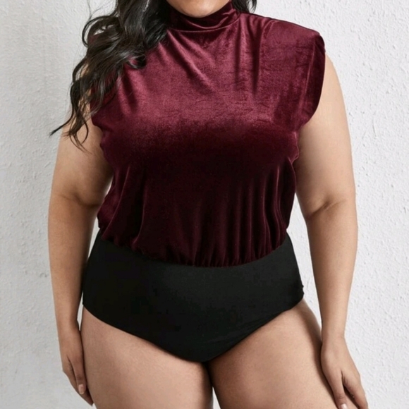 Tops - Plus Mock Neck Padded Shoulder Velvet Tank Bodysuit
